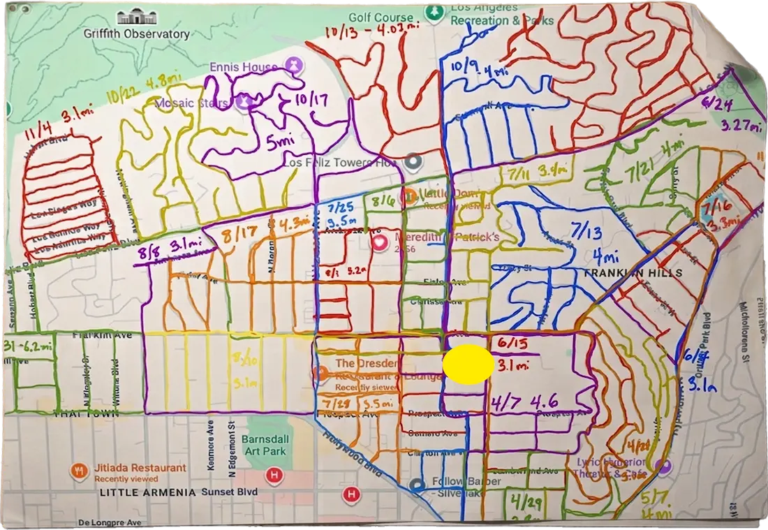 A map of Los Feliz with marker drawn on the run routes.